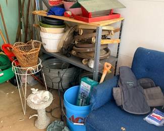 Buckets and planters in garage storage