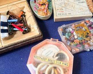 Vintage sewing pins, buttons & notion tins