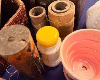 Vintage pottery flower pots, wooden spools & milk glass