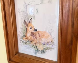Framed fawn watercolor in wood frame