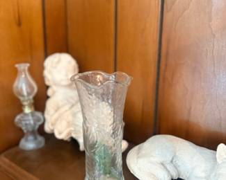 Miniature oil lamp, cut glass vase & figurines