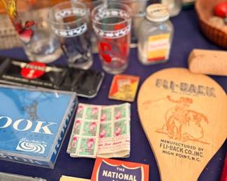 Vintage juice glasses, Fli-Back paddle toy & paper ephemera
