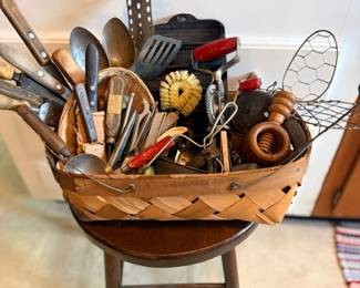 Basket of vintage kitchen utensils & gadgets