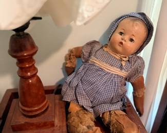 Antique composition doll & wooden table lamp