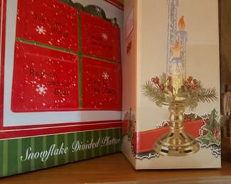 Boxed snowflake divided platter and LED candle set