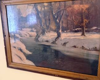 Framed winter landscape oil painting, gilt frame