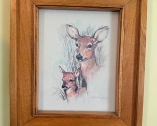 Framed deer and fawn watercolor in wood frame