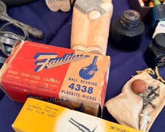 Vintage Faultless furniture caster boxes & wooden dog figure