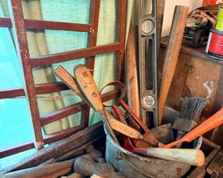 Antique wooden ladder, level & bucket of vintage hand tools
