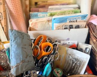 Basket of vintage sewing patterns & scissors