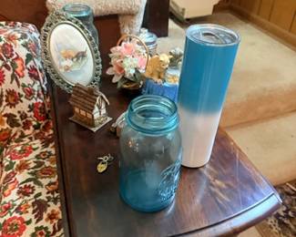Small vanity mirror and blue mason jars