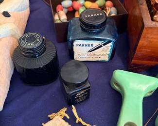 Vintage Parker ink bottles, marbles & jacks