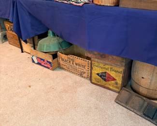 Vintage wooden advertising crates, baskets & antique wooden barrel