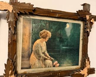 Victorian moonlight print in ornate carved wood frame