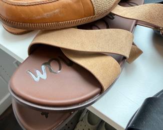 Tan suede crossover slide sandals