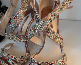 Multicolor crystal embellished strappy heels