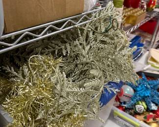 Gold tinsel garland and ornaments