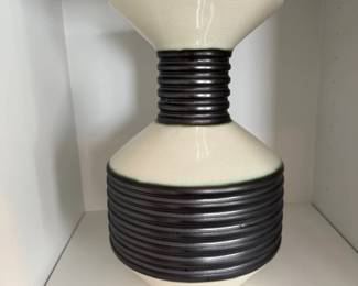 Cream and black ribbed ceramic vase