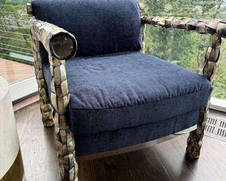 Designer lounge chair, navy chenille, mother-of-pearl mosaic frame