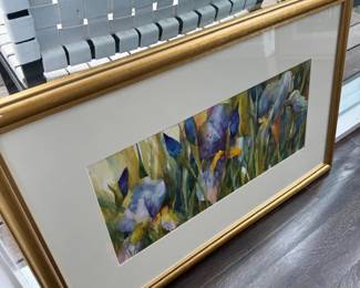 Framed iris watercolor panorama, gold frame