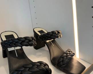 Black braided leather block heel mules