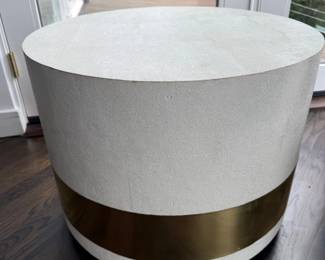 Cream drum side table with brass band base