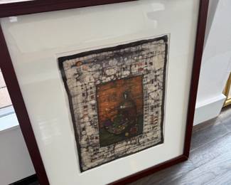 Framed mixed media abstract art, wood frame