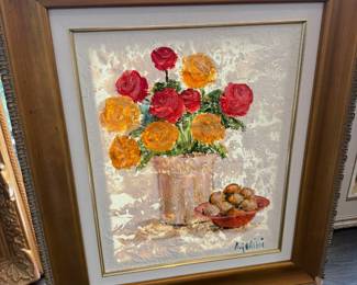 Signed floral still life painting, roses in vase