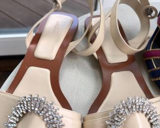Designer block heel sandals and crystal buckle satin pumps