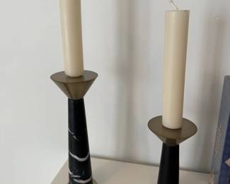 Black marble and brass candlesticks, pair