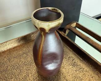 Studio pottery vase, brown drip glaze