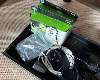 HP printer ink cartridges and cables