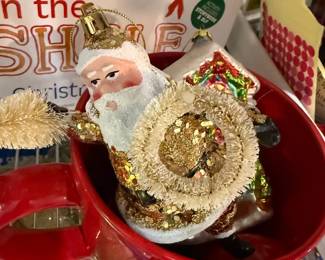 Santa ornaments and Elf on the Shelf