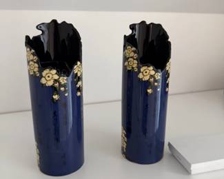 Cobalt blue vases with gold floral relief, pair