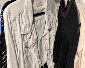 White denim jacket and black dresses