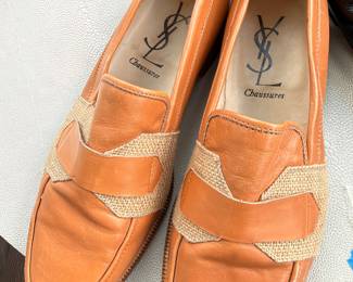 Yves Saint Laurent tan leather and raffia loafers