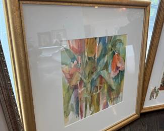 Framed floral watercolor, gold gilt frame