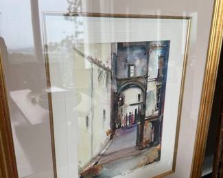 Framed European street scene watercolor