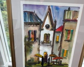 Framed colorful European village watercolor