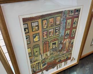 Framed folk art street scene print, gilt frame