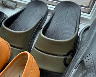 Olive and tan rubber slide sandals