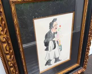 Framed signed clown watercolor, ornate gilt frame