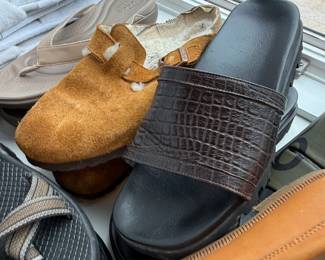 Shearling clogs and embossed leather slides