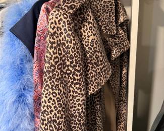 Leopard print coat and blue faux fur jacket