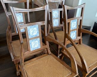 Carved wood cane-seat chairs with Delft tile backs, set