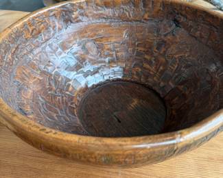 Antique carved wood bowl, hand-hewn interior