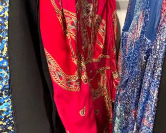 Red baroque print silk blouse and sequined dresses