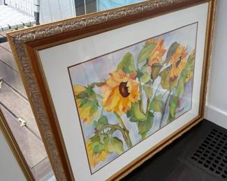 Framed sunflower watercolor, gilt frame