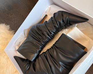 Black leather slouch boots, boxed