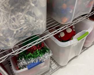 Christmas string lights and decor bins